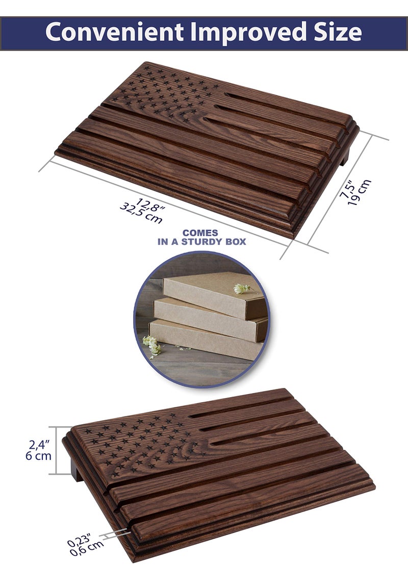 TESLYAR 6 Rows Military Challenge Coins Stand Holder Display Rack Wooden Army Collectible Challenge Coin Display Case Wood Stand  Holds 30-36 Coins Natural Solid Wood Brown American Flag (Brown) - Image 2